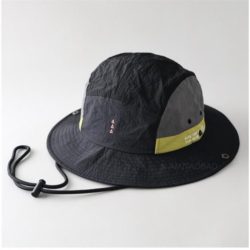 Summer Quick Dry Patchwork Bucket Hat Women Men Gorpcore Outdoor Hiking Mountain Cap Windproof Rope Sun Protection Fisherman Hat