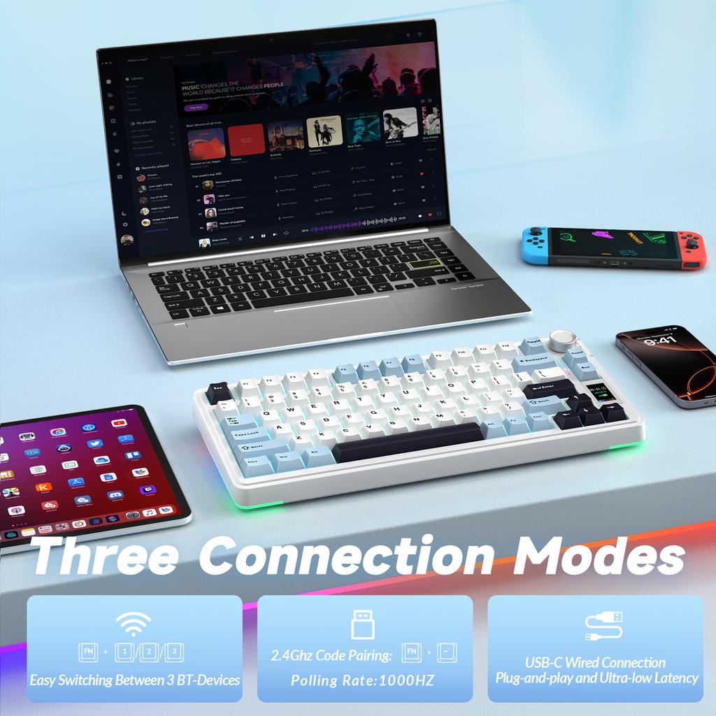 Aula S75 Pro Wireless Mechanical Keyboard 75% Hot Swap RGB Backlit PBT Keycaps 4000mAh LED Screen Knob Gaming Keyboard for PC