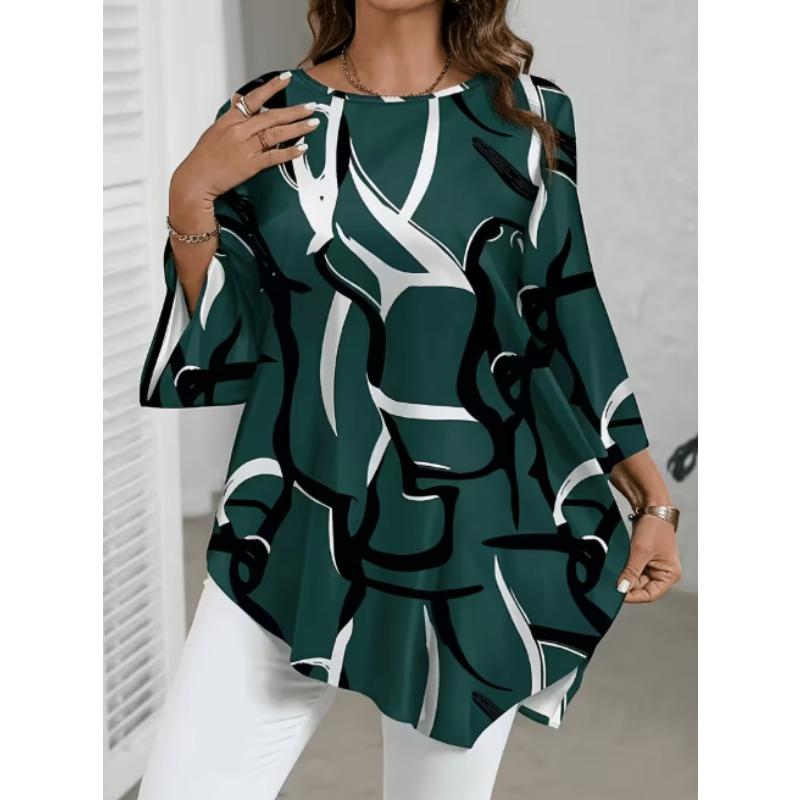 Elegant White Watercolor Blue Floral Print Shirt Women'S 3/4 Flared Sleeve Soft Workwear Top Blouse