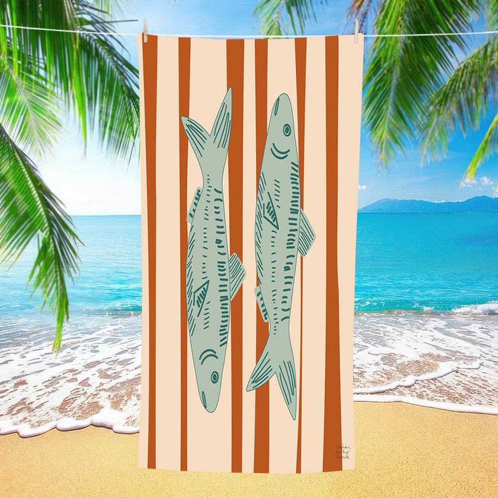 Striped Sardine Fish Print Beach Towel Lightweight Quick Dry for Summer Beach Swim Camping Poolside Daily Use