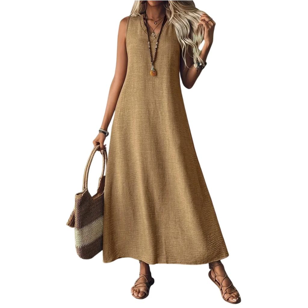 Summer Sleeveless Long V-Neck Elegant Dress Women's Fashion Ankle-Length Maxi Dress