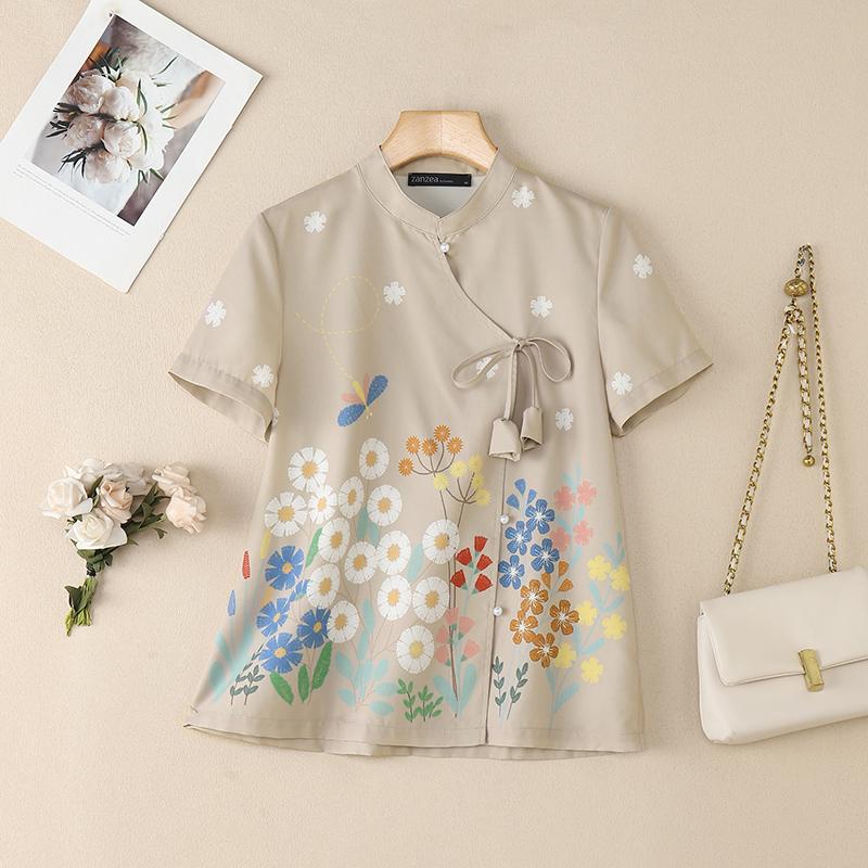 ZANZEA Women Summer Floral Print Casual Short Sleeve Lace Up Blouse
