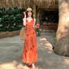 Orange Blossom Print Dress Retro Smudge Vacation Sleeveless Dress Waist Slim Dress