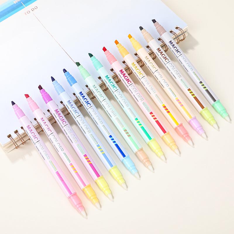 12-Color Double-Ended Magic Color-Changing Fluorescent Pens for Students - Ideal for Note-Taking, Drawing, and Doodling.