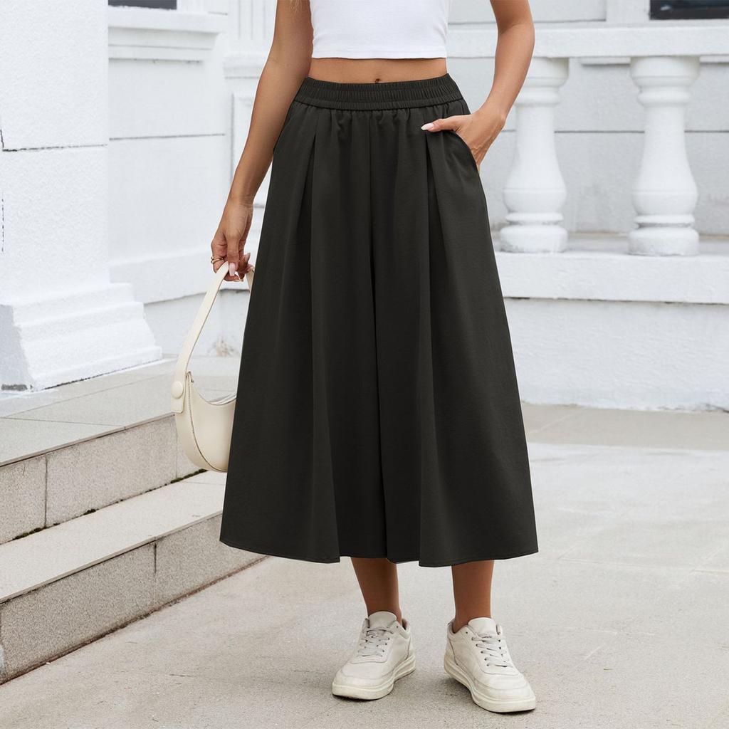 Women's Fashion Color Loose Wide Leg Pants Elastic Waist Pockets High,Waisted Skirt Pants