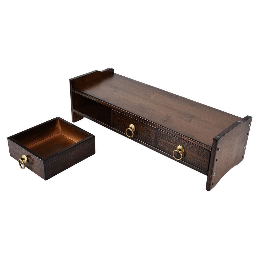 Monitor Stand Bamboo Heightened Non Absorbent Computer Riser with Backplane 3 Drawers for Home