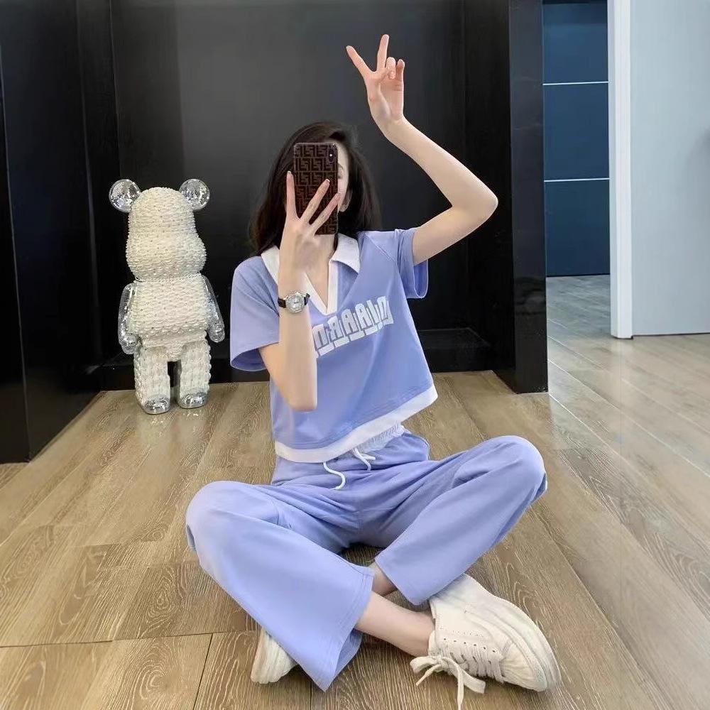 Fashion Casual Suit for Women Summer Sweet and Spicy Polo Collar Short-sleeved Top Drapey Trousers Two-piece Set
