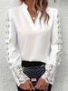 Women's White V-Neck Long Sleeve Blouse with Lace Detail, Elegant Casual Top
