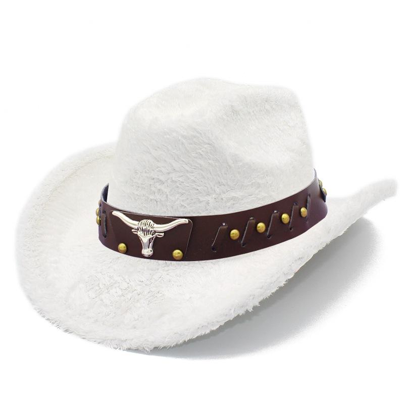 Autumn and Winter Fashion Furry Cow Head Accessories Top Hat Versatile Soft Feel Western Cowboy Hat Personalized Grassland Knight Hat
