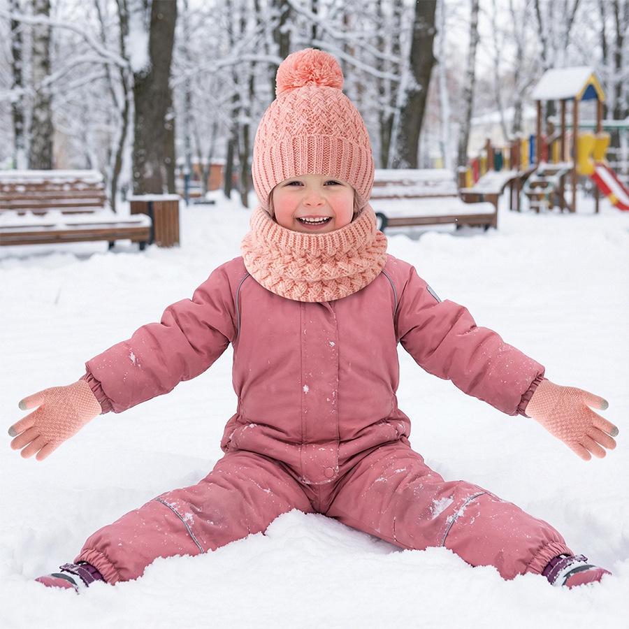 Europäisches & Amerikanisches Kinder Herbst/Winter Plus Samt Bommelmützen, Schal & Handschuhe Set