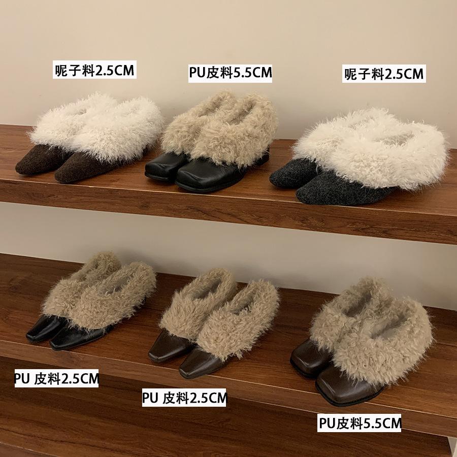 Korean Version of Square Head Plush Shoes Single Shoes Women's 2025 Warm Cotton Shoes French Thick Heel Retro Black Small Leather Shoes
