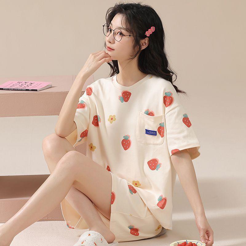 

High-quality imitation cotton women s pajamas summer tulip printing round neck short-sleeved shorts loungewear set breathable and skin-friendly XXL