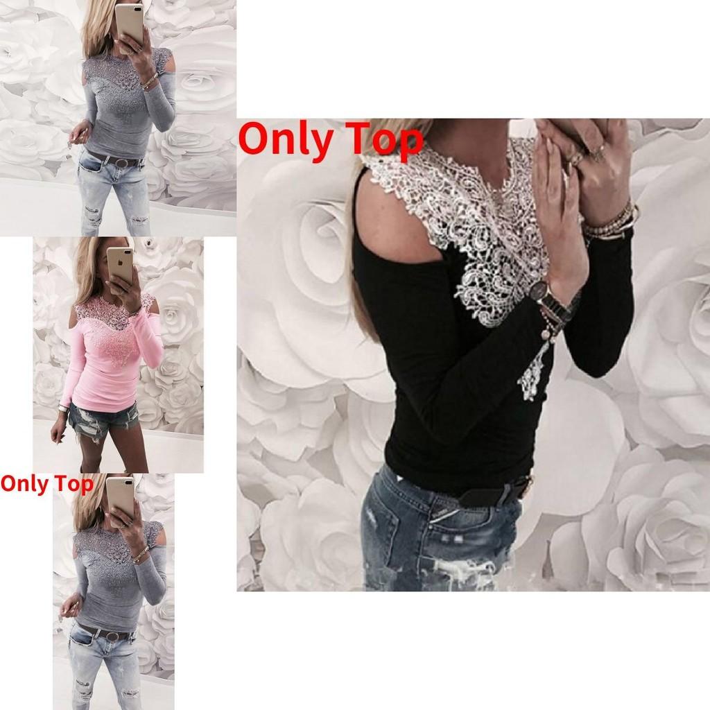 Elegant Spring Collection Sexy Lace Shoulder Cutout Cotton T-shirt Top In Gray Pink White And Black