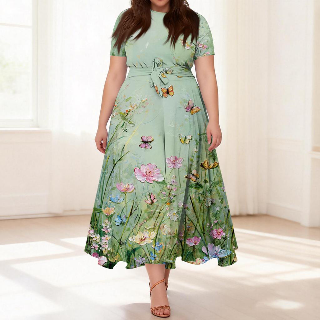 Abito Casual da Donna Taglie Forti Stampa Floreale Retro Girocollo Manica Corta Tasca Cintura Cravatta