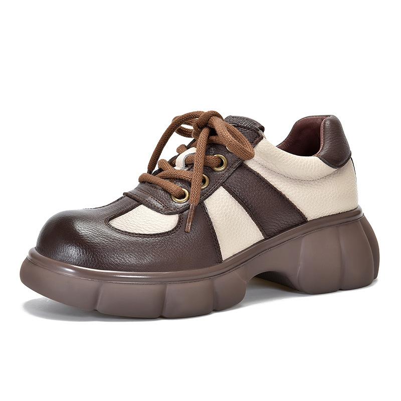 Johnature Thick Soled Retro Genuine Leather Women's Shoes Pumps Round Toe Lace Up Mixed Colors Platform Shoes