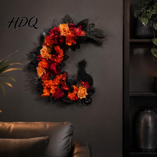 Halloween Wreath for Front Door Black Cat Moon Wreath Gothic Crescent with Weather Resistant Artificial Rose Flowers Home Porch Wall Decor