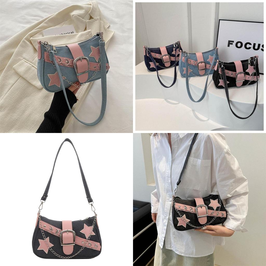 2024 Women's Spring Korean Style Armpit Bag Street Chic Denim Shoulder Bag Casual Small Square Bag Trendy Chain Bag Black