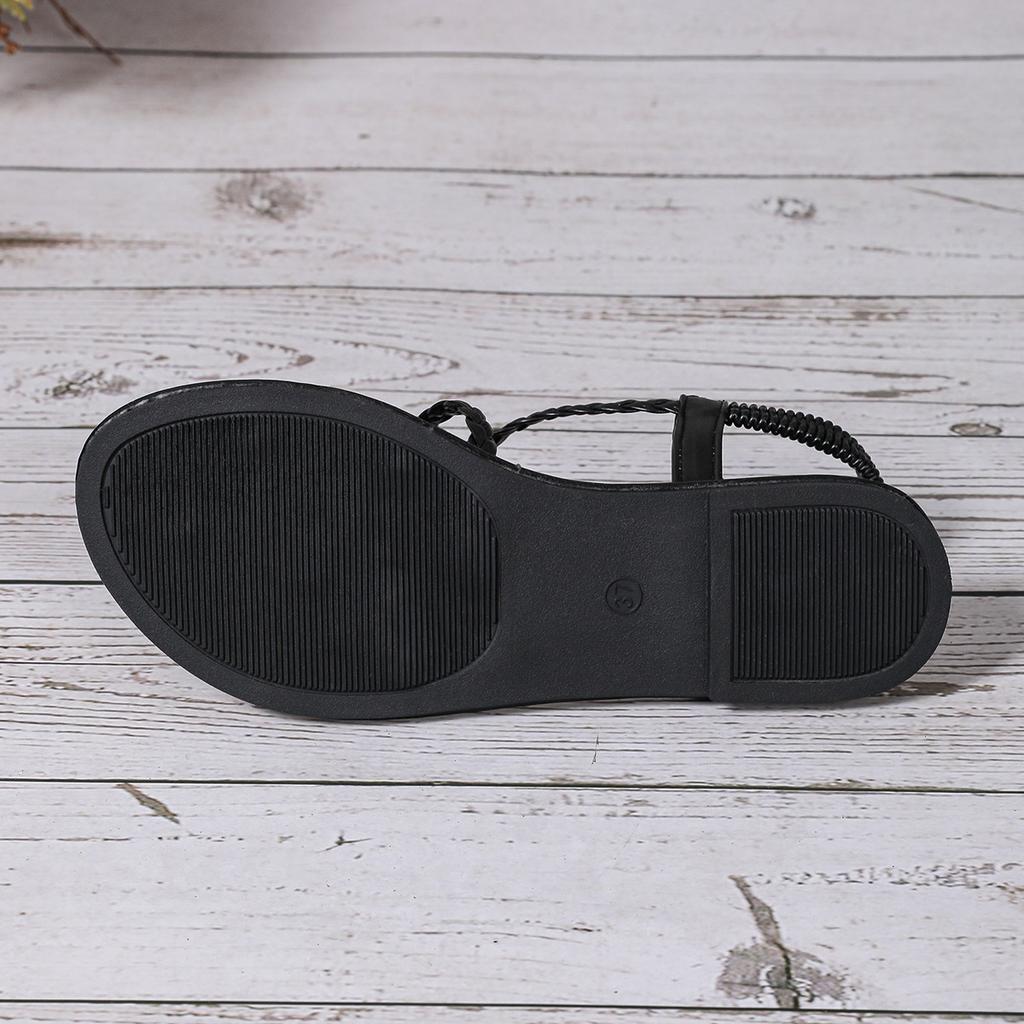 New Woven Flat Sandals with Elastic Bands, Lightweight, Solid Color, Comfortable Beach Sandals