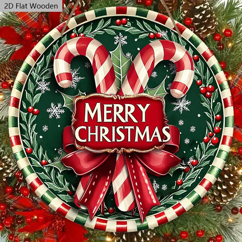 Classic Christmas Wooden Sign with Cane Candy & Bow Pattern - Navidad Round Sign for Front Door, Wall Hanging Decor - Ideal Christmas Decoration