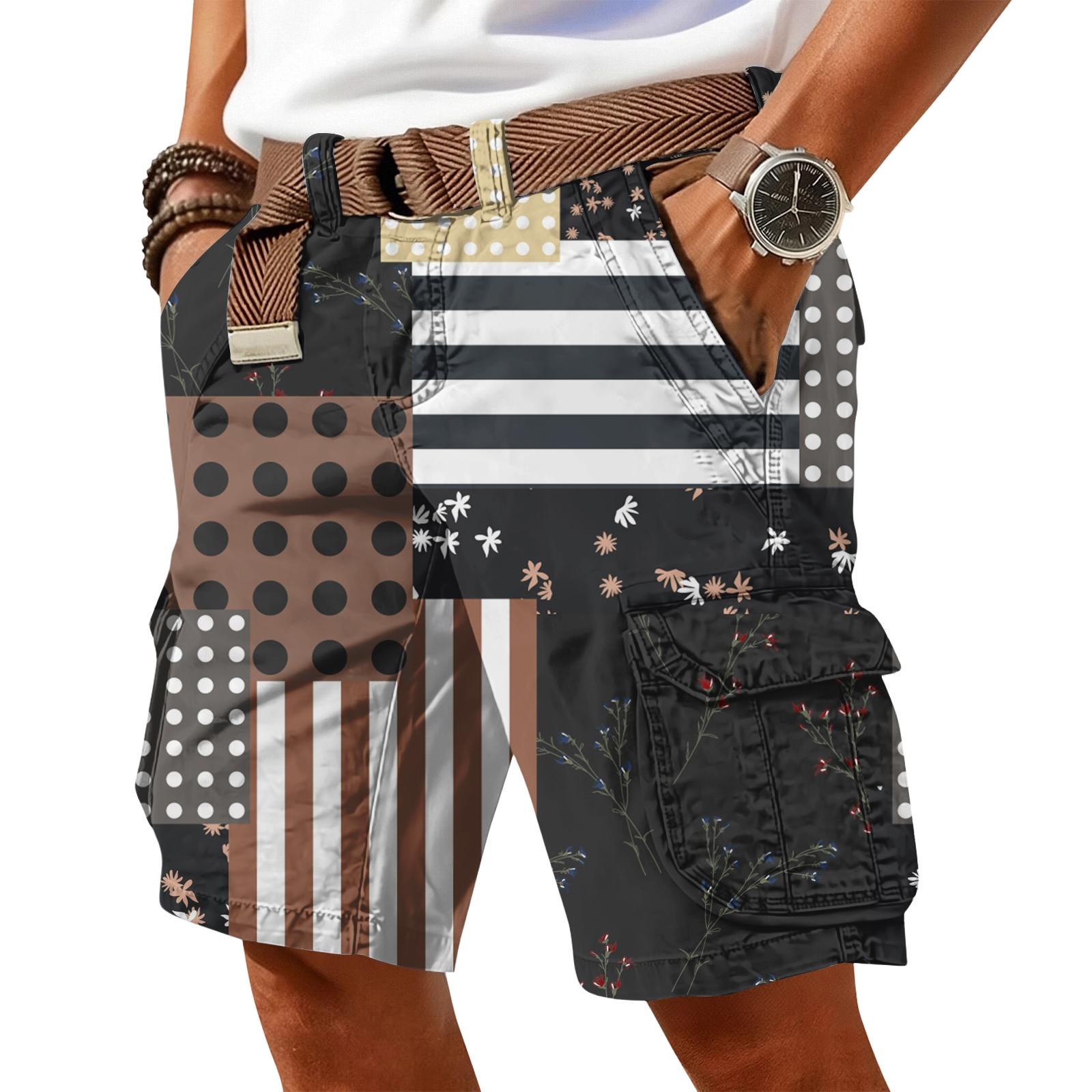 

Men Patchwork Print Cargo Shorts with Belt Multi Pattern Stripes Dots and Floral Design Relaxed Fit Casual Style L чёрный