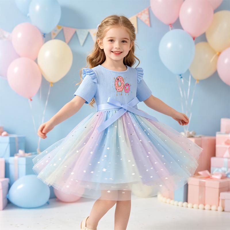 Girls Star Tulle DressCartoon Donut PrintCute Princess Party Dress with Bow, Short Sleeve Summer Dress for Little Girls