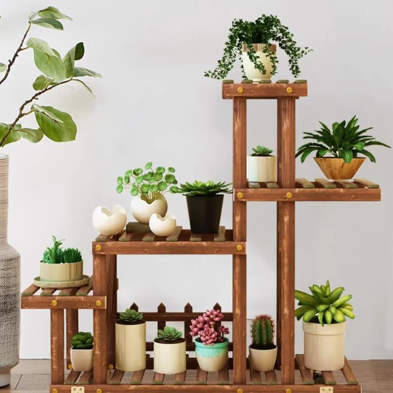 Mobile Plant Stand with Wheels, Heavy Duty Wooden Flower Pot Holder,Freestanding Storage Shelf Unit for Patio Garden Living Room