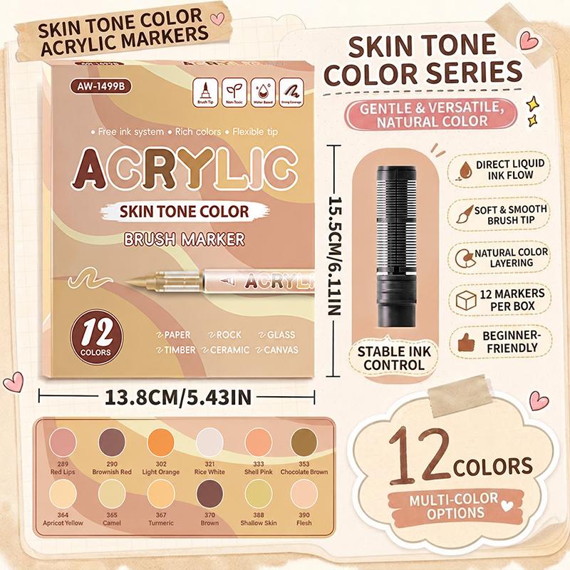 12 Colors Acrylic Markers Soft Brush Pen Tip 7 Color Systems For Drawing Anime Painting DIY Rock Halloween Gifts Art Supplies