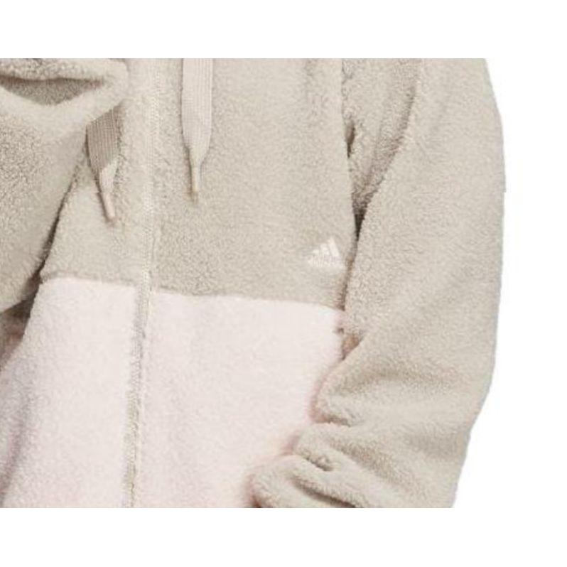 adidas Color Block Loose Fit Zip Up Hooded Drawstring Fleece Jacket Women Jackets Beige IK9863