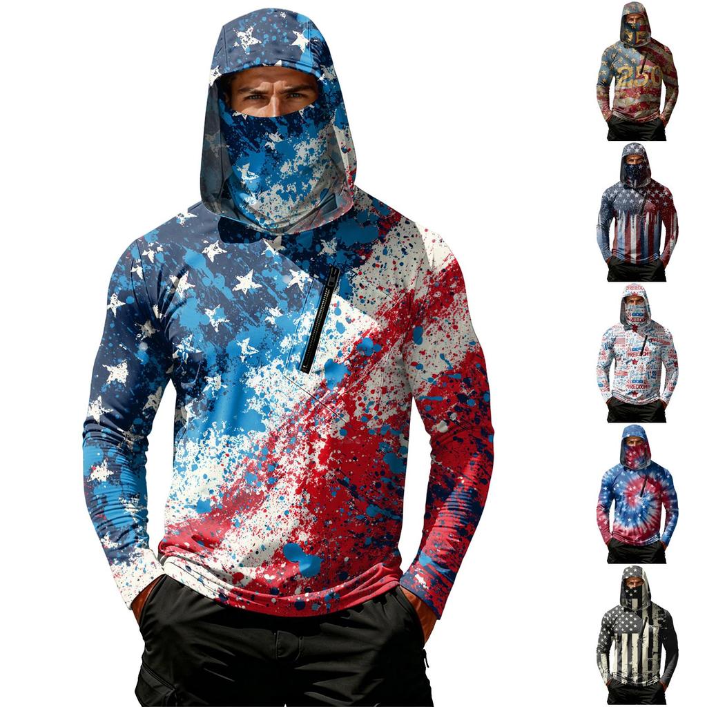 Men’s Casual Hooded Long Sleeve Sun Protection Top with Independence Day Print Lightweight Pullover for Outdoor Activities