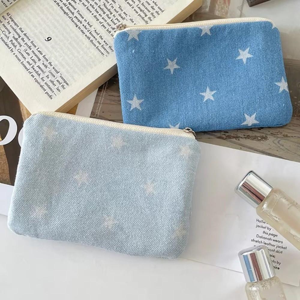 Cute Star Print Coin Purse Denim Ultralight Lipstick Earphone Storage Bag with Zipper Small Coin Wallet