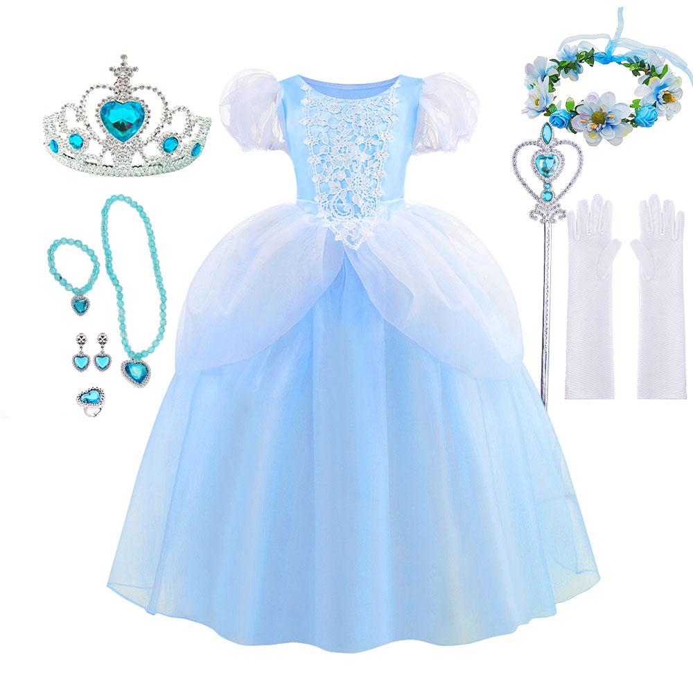 Classic Cendrillon Costume Deluxe Lace Dress Birthday Party Role Play Princess Pretend Fairy Tale Grace Ball Gown for Kids