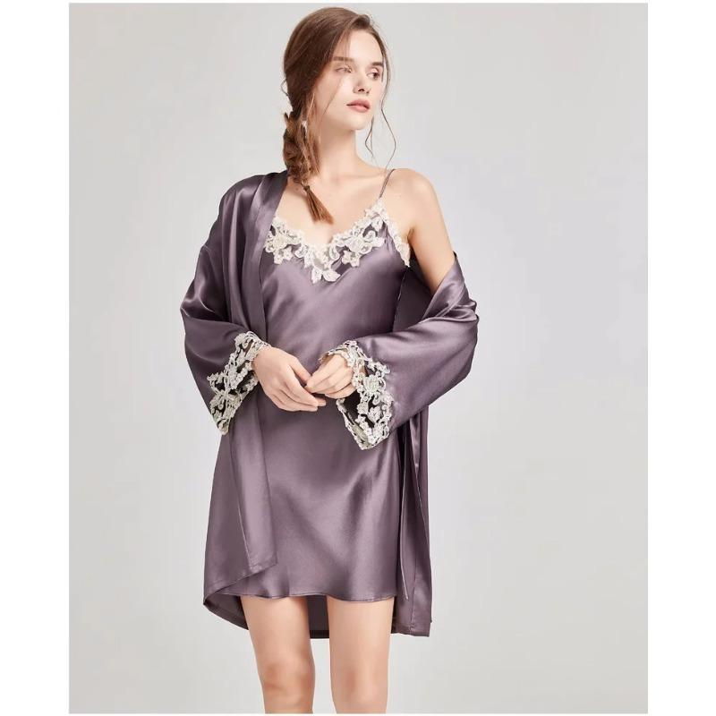 2pcs Woman Sexy Pajamas Sleepwear Set Lace Robe Nightdress Lingerie Bathrobe 100% Silk Satin Home Clothes Nightwear for Ladies