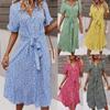 Beach Summer Dress Shirt Floral Vintage High Waist Dresses Women Casual Loose Single-Breasted Slim Elegant Robe