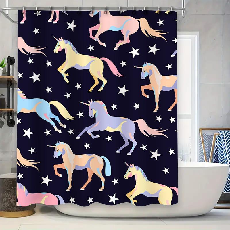 Stylish Unicorn Shower Curtain Waterproof Fabric Bath Decor Blue Background with Stars Pattern Bathroom Linen Decoration for Hom