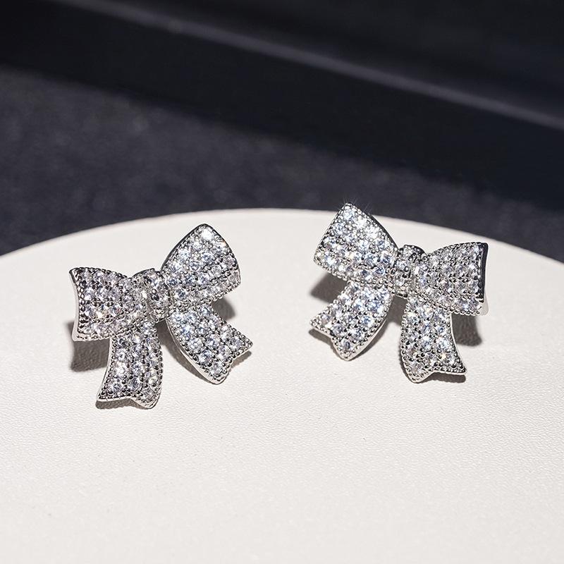 Full Paved All Clear Stone Bowknot Shape Stud Earrings Dainty Sparkly Women Ear Jewelry