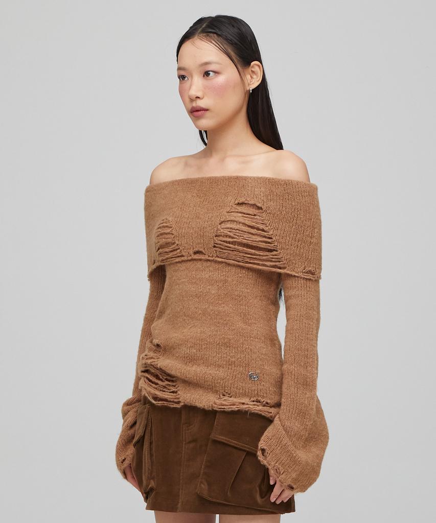 LALAFOX Knit Off-Shoulder Slim Knit Camel Bq4Kl009