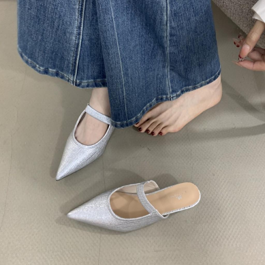 French Inner Heightening Pointed Toe Bag Head Half Slippers Women'S Outer Wear Spring And Summer Muller Shoes Mary Jane Sandals