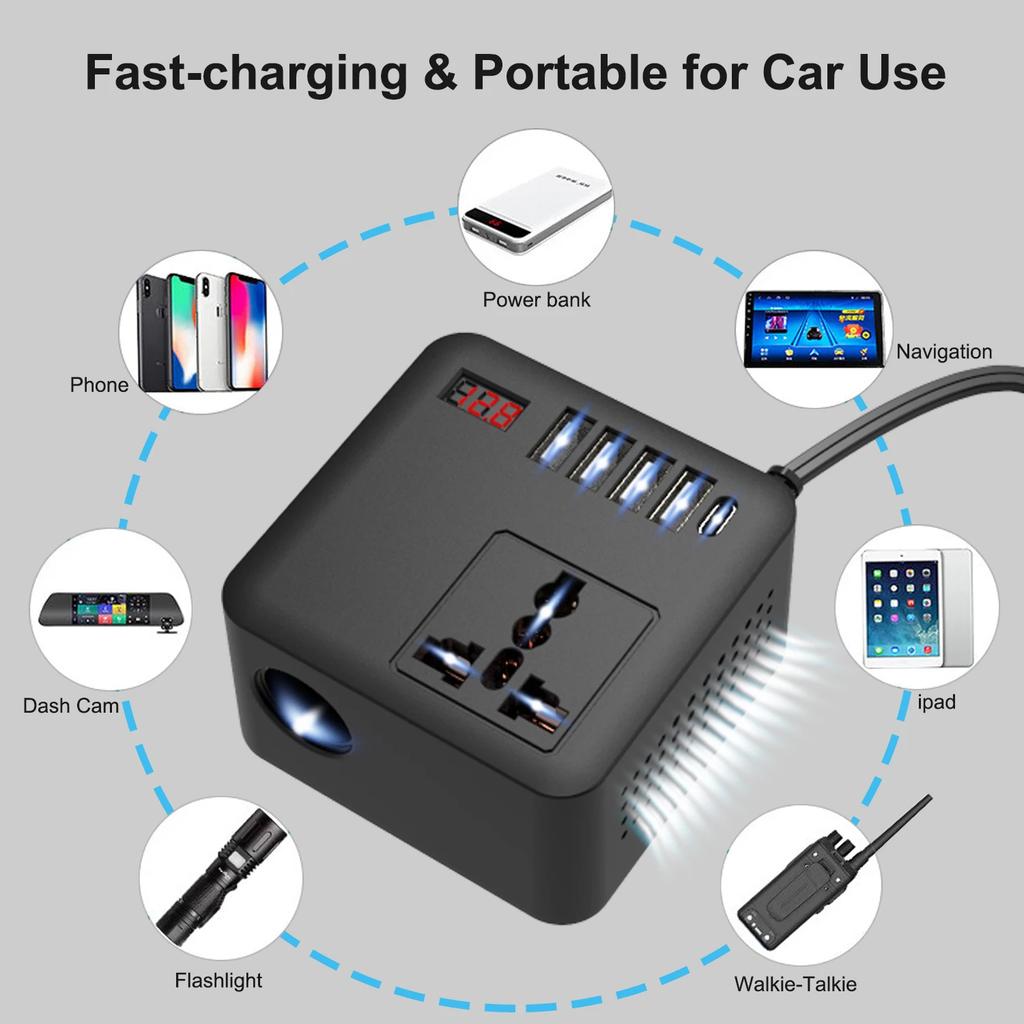 100W Automotive Inverter DC12V/24V To DC120V/220V, Peak LED With LED Display, Outlet Power Car Inverter Adapter, Fast Charging