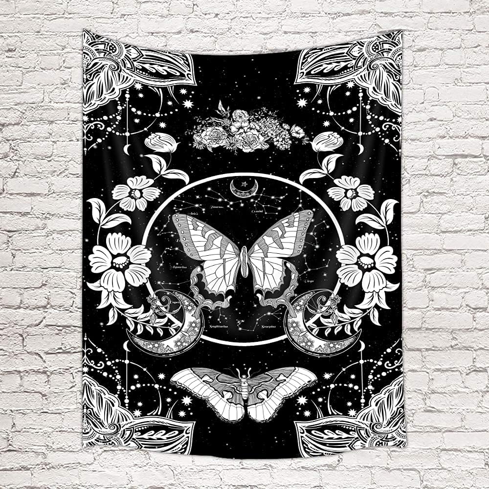 Flower and Butterfly Vertical Tapestry, Black and White Aesthetic Tarot Wall Tapestry, Moon and Stars Floral Tapestries Bedroom