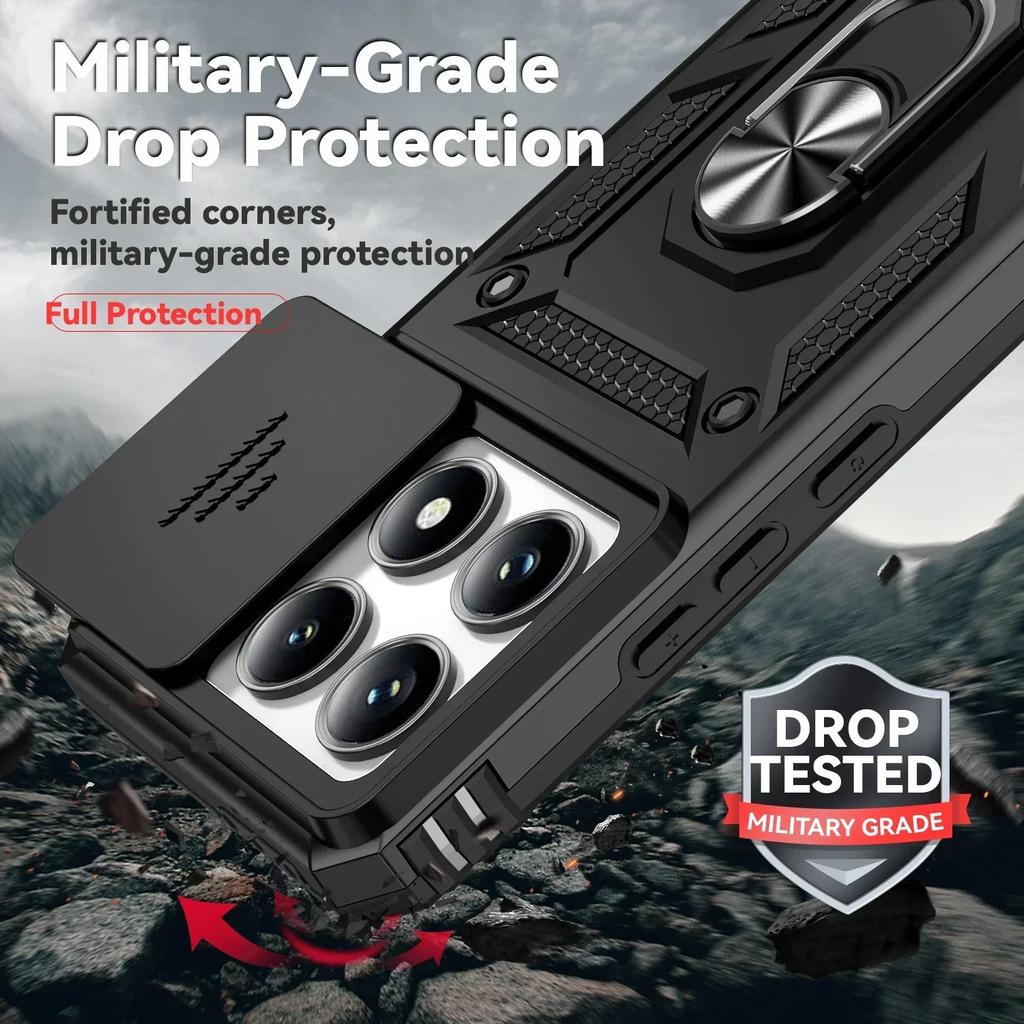 For Redmi Note 14 13 Pro 5G 4G Case Magnetic Ring Stand Rotating Slide Camera Lens Military Grade Armor Cover for Xiaomi 14T Pro
