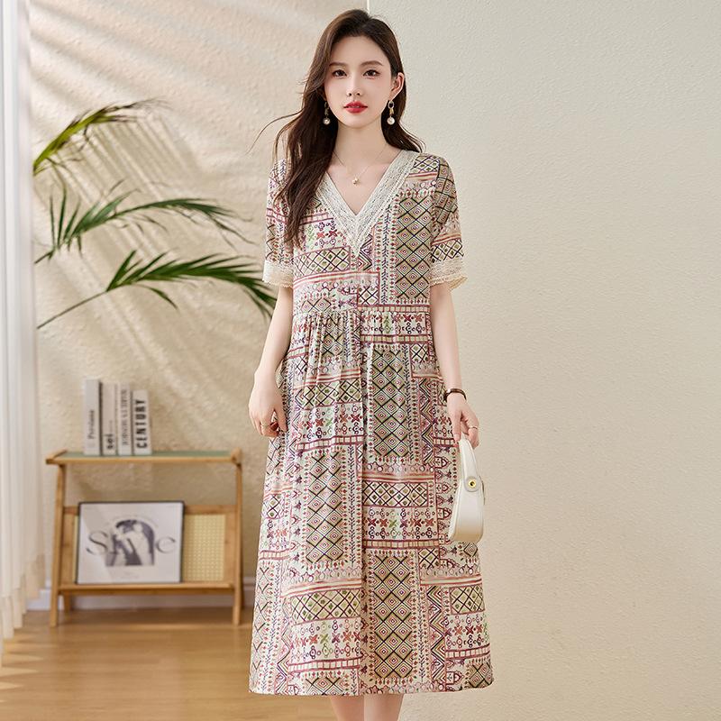 

Ретро платье с принтом женское летнее новый дизайн чувство свободный живот и тонкая повседневная юбка 2XL красный