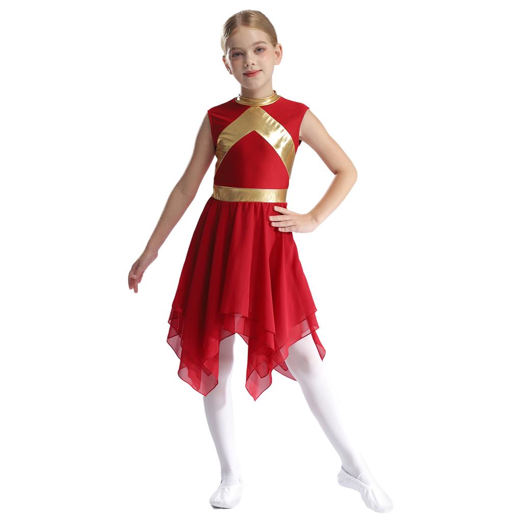 Girls Liturgical Praise Dance Dress Metallic Contrast Color Patchwork Sleeveless Asymmetrical Hem for Church Worship Performance