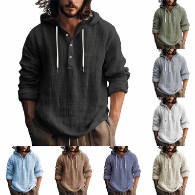 Men's Summer Solid Color Pocket Cotton Linen Long Sleeve Button Hooded