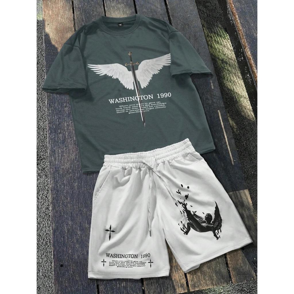 2026 Summer New Unisex Short-Sleeved Shorts Set with 3D Wings Pattern Print for Street Casual Fashion Comfortable and Soft