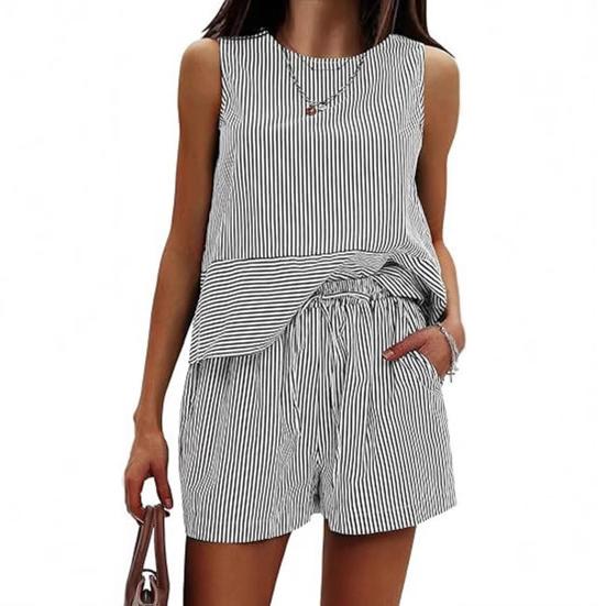 

Женские летние комплекты из 2 предметов: майка без рукавов, шорты, повседневные полосатые спортивные костюмы, комплект для отпуска на пляже XL чёрный