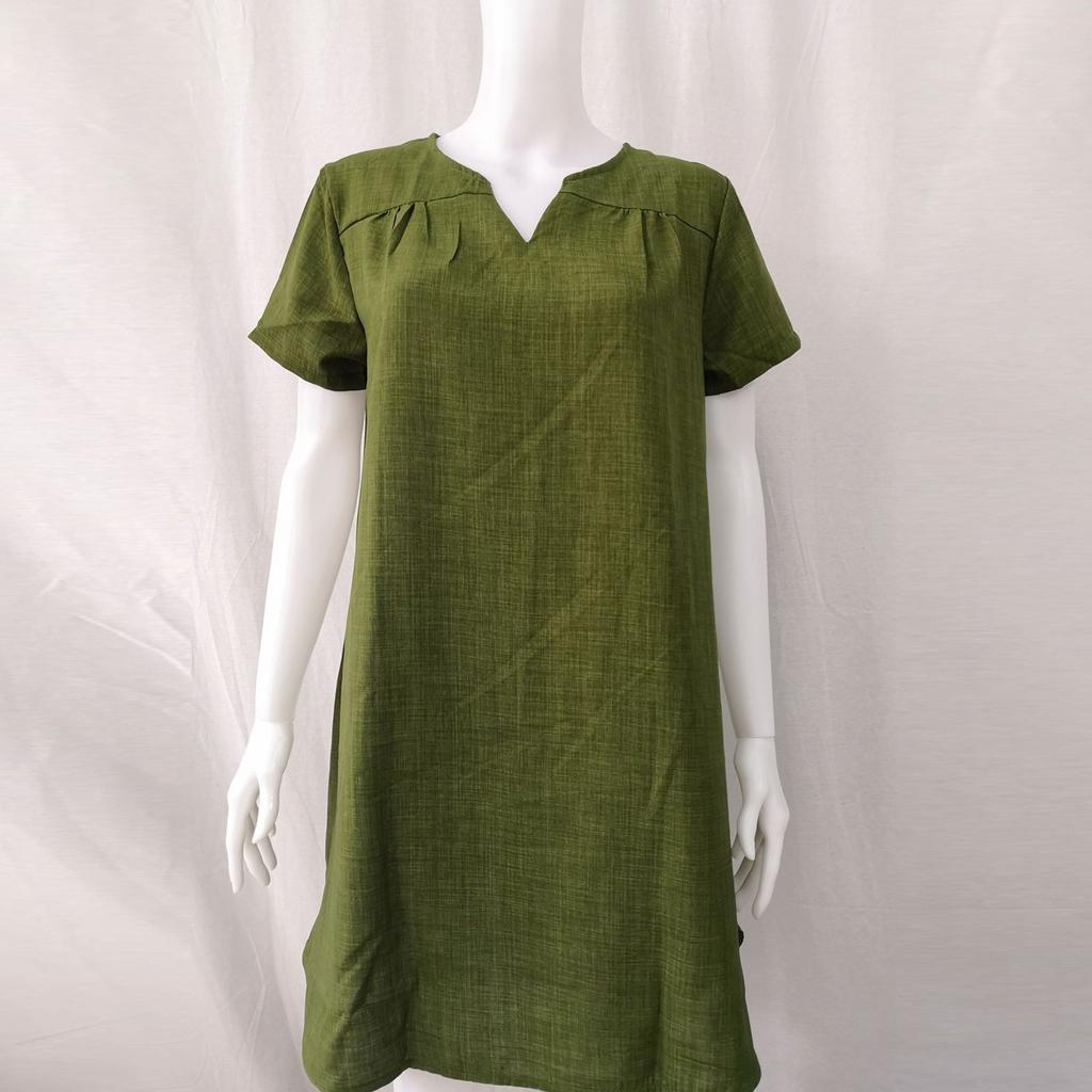 Women's Fashion Summer Loose Skirt Short Sleeve V-Neck Cotton Linen Dress