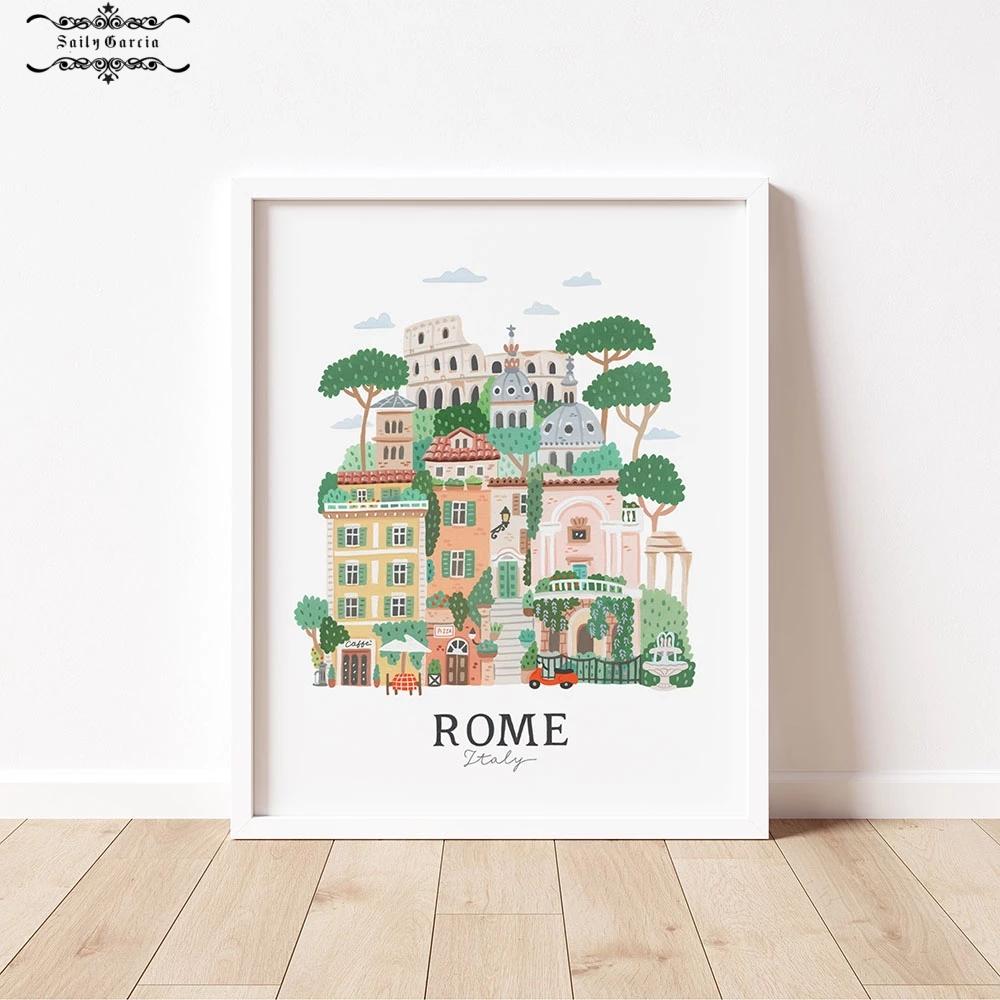 Cartoon Architektur Kunst Poster Paris Rom Kyoto Illustration Leinwanddruck Bilder für Wohnzimmerdekor Innengemälde