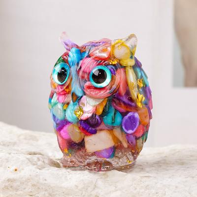 Natural Crystal Owl Ornament Handcrafted Resin Owl Figurine with Crystal Gravels Inside Collectible Colorful Owl Ornament for Home Decor Reiki Healing