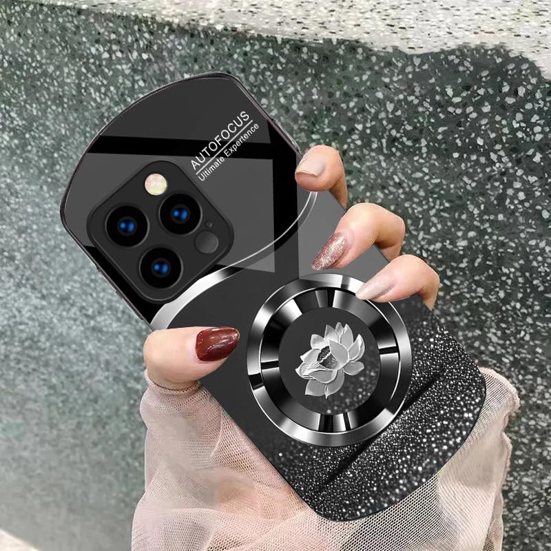 Circle Lotus Golden Dot For iPhone 16 15 14 13 Plus 12 mini 11 Pro Max XR Xs X 7 8 6 6S 22 Elliptical Tempered Glass Phone Case