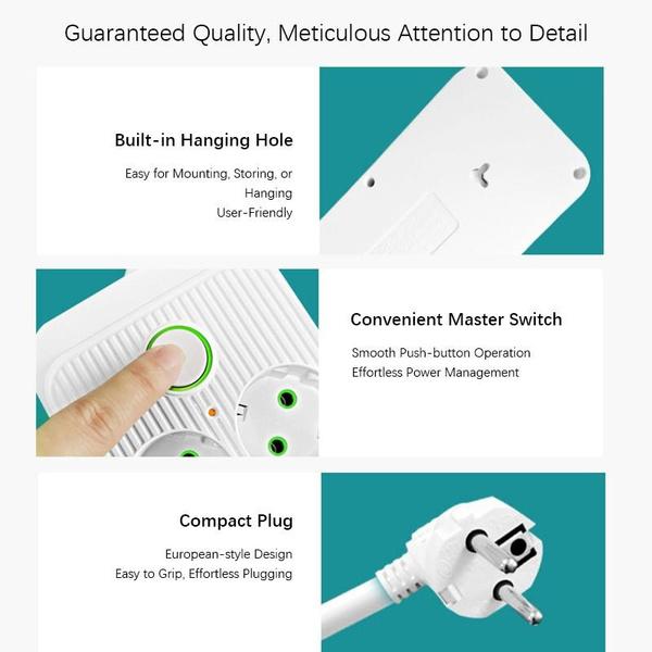 1PC Portable EU Plug Power Strip, 3/6 Widely Outlets with 5 USB Ports (1 USB C), Extension Socket for Travel Office Dorm Home